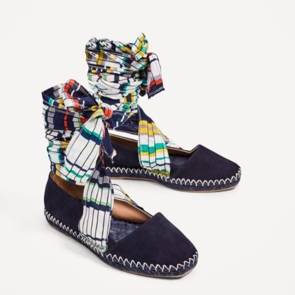 ZARA Woman Navy Suede Ribbon Lace Up‎ Espadrilles Size 39 EU / 8 US